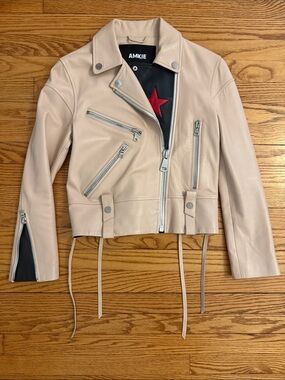 Amkie Pale Beige Leather Moto Jacket size euro 38 (4)